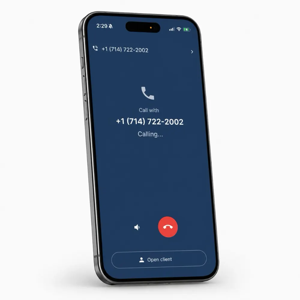 Taskrol on an iPhone placing a call to the business number +1 (714) 722-2002: a dark call screen with speaker and hang-up buttons and an Open client button beneath them.