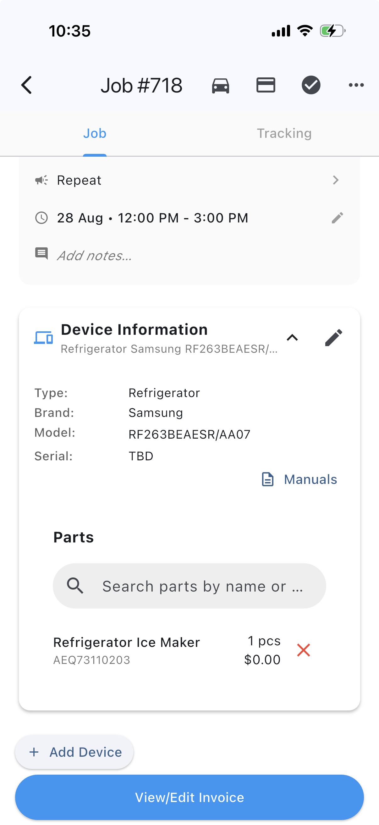 A Taskrol job on the phone with a Device Information card: type Refrigerator, brand Samsung, model RF263BEAESR/AA07, a link to the manuals, and the parts fitted to that unit listed underneath.