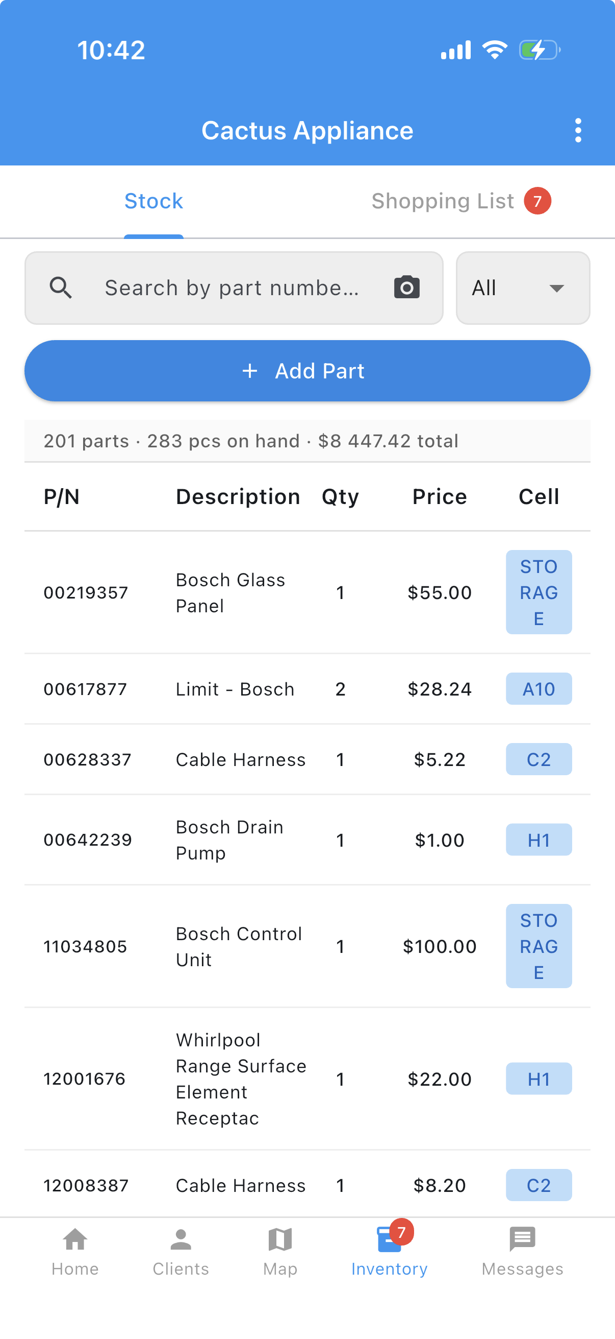 Taskrol Inventory on the phone for Cactus Appliance: a Stock tab showing 201 parts and 283 pieces on hand, a search box by part number with a camera icon, and a table of Bosch and Whirlpool parts with quantity, price, and a cell location such as A10, C2, H1, or STORAGE, with a Shopping List tab beside it.