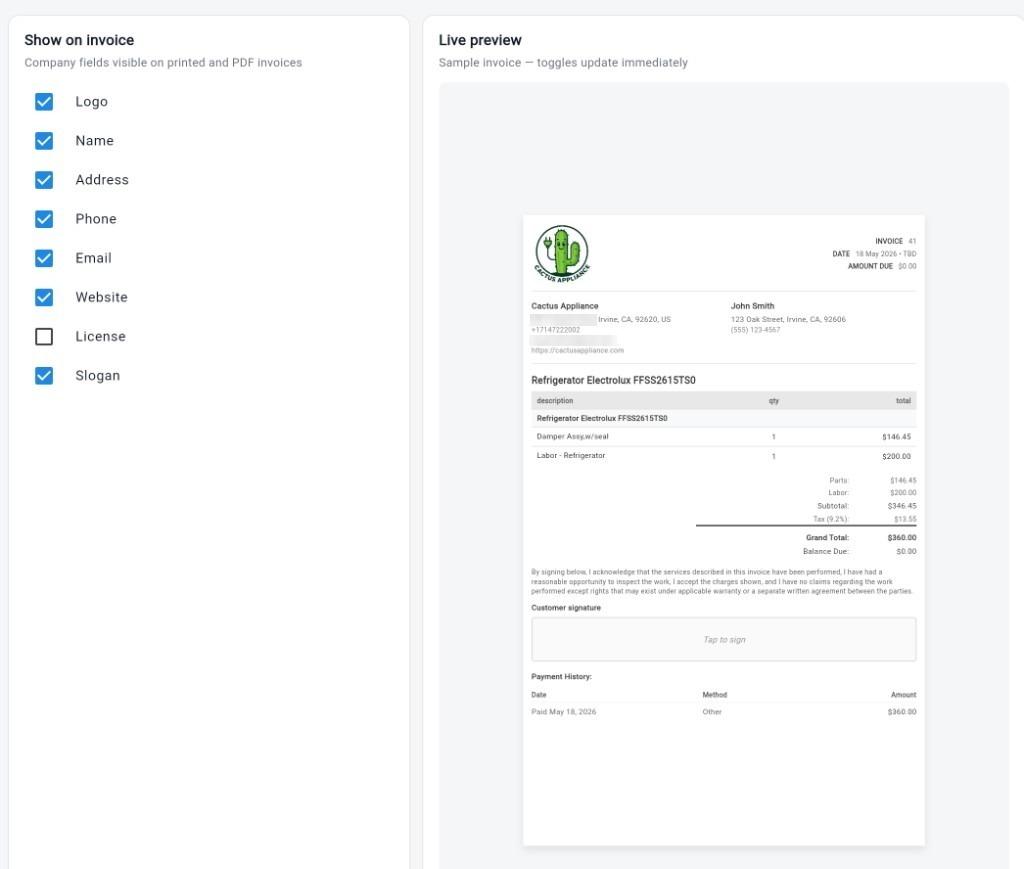 Invoice settings with live preview: company fields on PDF and a sample Cactus Appliance invoice