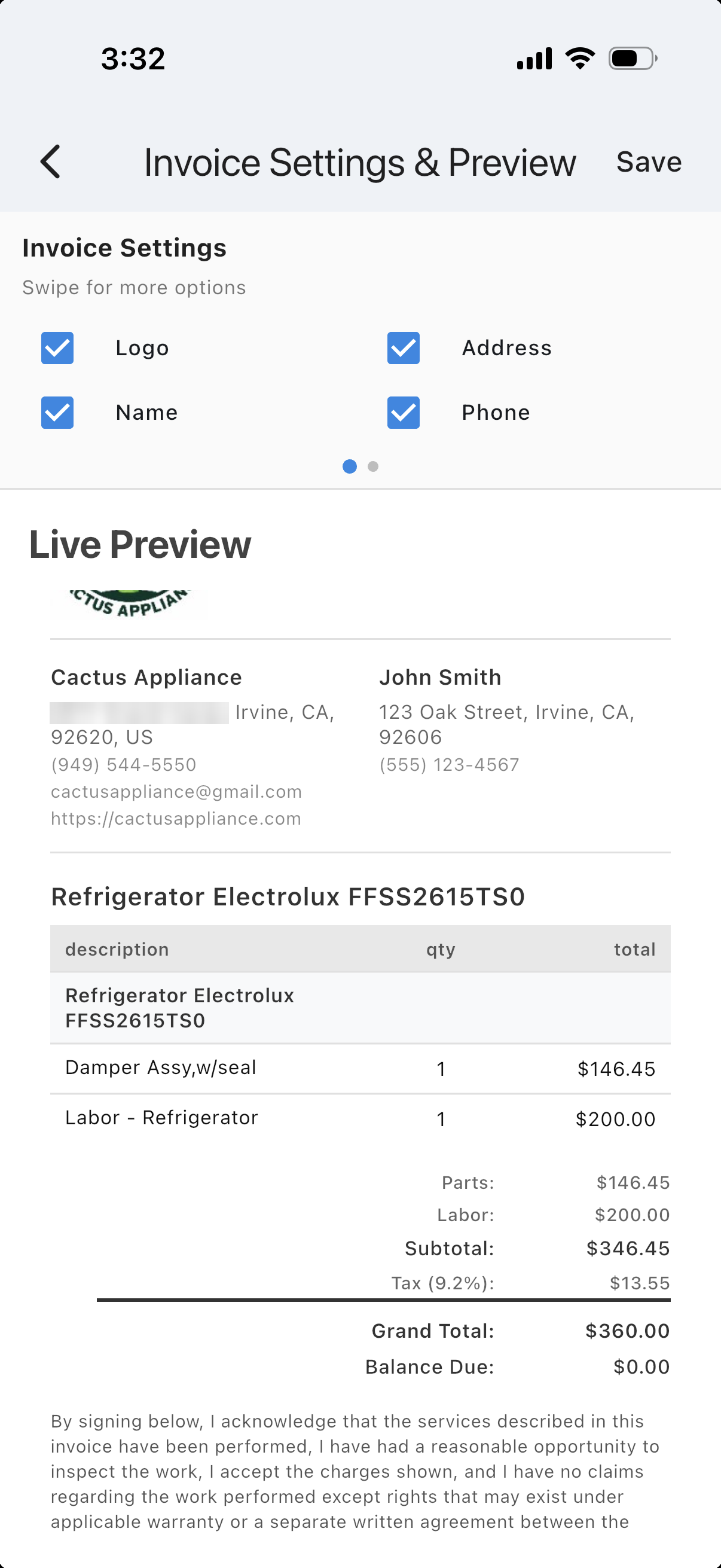 Taskrol mobile appliance repair invoice preview with customer, appliance, parts, labor, tax, total, and signature terms