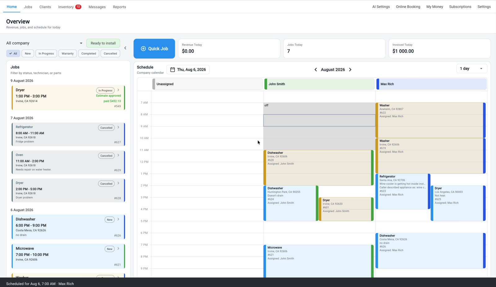 Taskrol web Overview for Thursday, August 6, 2026: a company calendar with Unassigned, John Smith, and Max Rich columns, an off block on John Smith's morning, job cards showing appliance, city, ZIP, and job number, and a jobs list on the left filtered by status with New, In Progress, Warranty, Completed, and Cancelled chips.