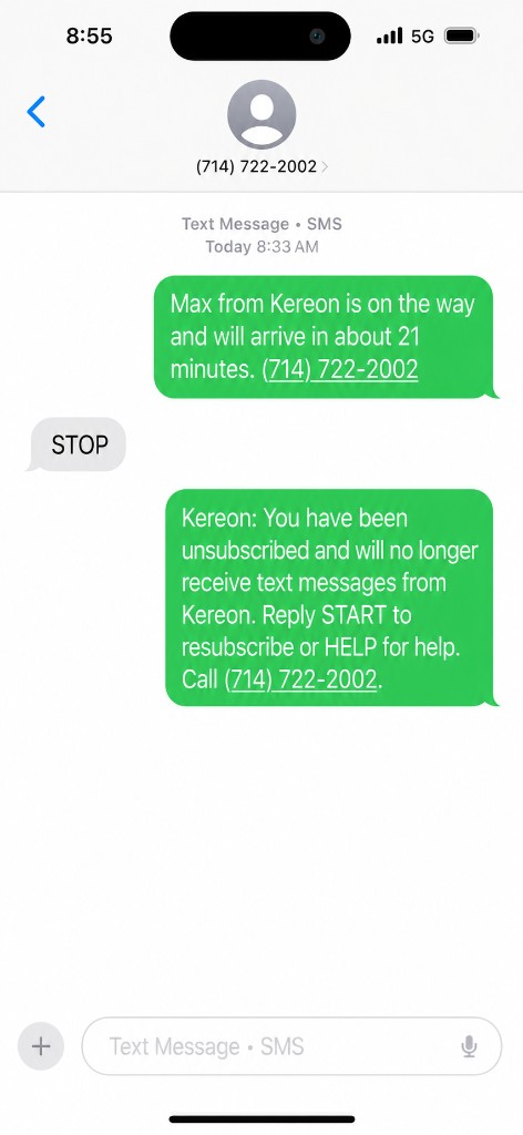 iPhone Messages: outbound text Max from Kereon is on the way with phone number; user replies STOP; Kereon confirms unsubscribe and no further texts with Reply START to resubscribe or HELP for help.